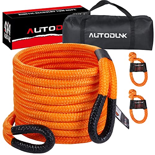 AutoDunk 7/8' x 30' Kinetic Recovery & Tow Rope (28,600lbs), with 2 Soft Shackles (28,600lbs) Offroad Recovery Kit for 4WD Pick Up Truck, SUV, ATV, UTV (Orange)