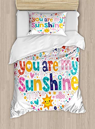 Ambesonne Saying Duvet Cover Set, Heart Shaped Sunshine Words Stars Circle Sun Cloud Design Composition Print, Decorative 2 Piece Bedding Set with 1 Pillow Sham, Twin Size, White Pink