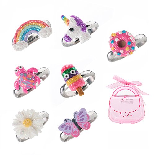 minihope Adjustable Rings Set for Little Girls - Colorful Cute Unicorn Butterfly Rings for Kids, Children's Jewelry Set of 7