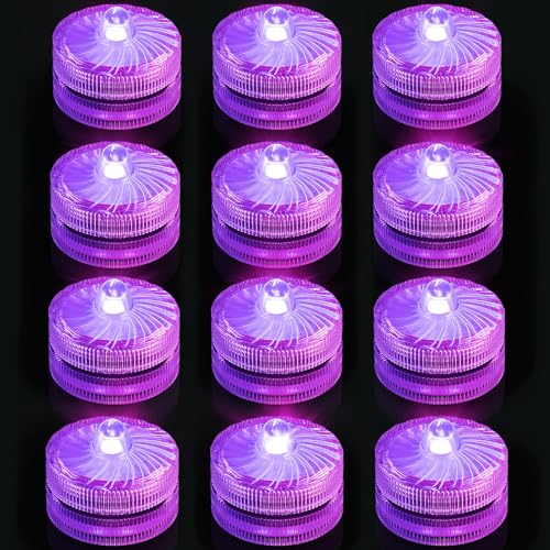 Submersible Led Lights, Purple Waterproof Flameless Candle Tea Lights, Battery Powered Underwater Small LED Light for Vase Fountain Pool Wedding Centerpieces Party Decorations,12 Pack