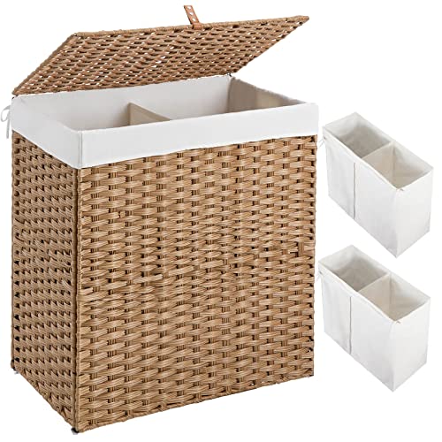 GREENSTELL Laundry Hamper with lid, No Install Needed, 110L Wicker Laundry Baskets Foldable 2 Removable Liner Bags, 2 Section Clothes Hamper Handwoven Rattan Laundry Basket with Handles, Natural