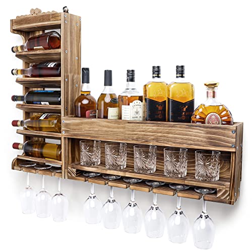 Homde Wine Rack Wall Mounted Wood,Wine Shelf with Bottle Stemware Glass Holder Rustic, Wine Display Storage Rack with Cork Holder for Home Bar Kitchen Decor
