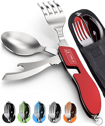 Orblue 4-in-1 Camping Utensils, 2-Pack - Portable Stainless Steel Spoon, Fork, Knife & Bottle Opener Combo Set - Travel, Backpacking Cutlery Multitool, Red