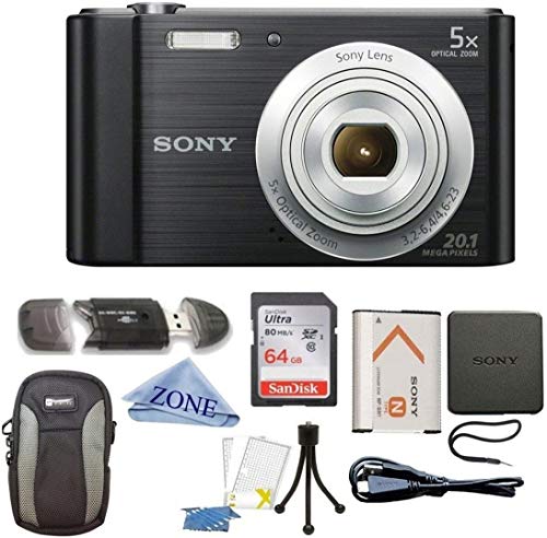 Sony W800/B DSC-W800/B DSCW800B 20 MP Digital Camera 5X Optical Zoom (Black) Bundle with 64GB SDHC Memory Card, Table top Tripod, Deluxe Case, and Microfiber Lens Cloth