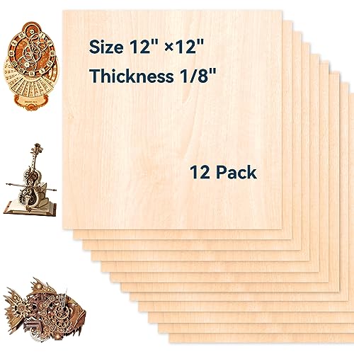 12 Pack Basswood Sheets for Crafts-12 x 12 x 1/8 Inch- 3mm Thick Plywood Sheets with Smooth Surface-Unfinished Craft Wood Boards for Engraving and Cutting, Architectural Models, Staining