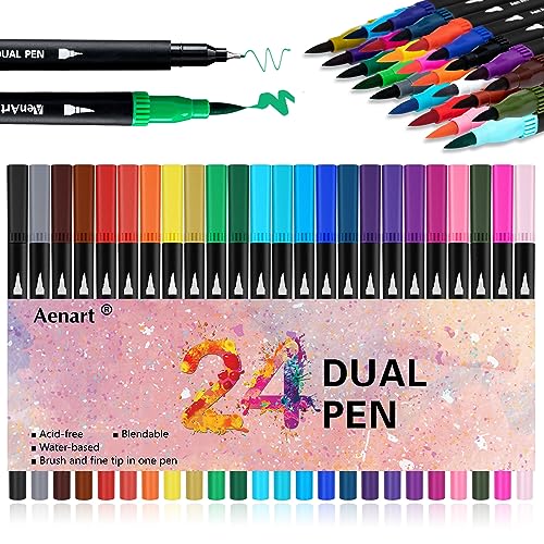 Dual Brush Markers for Adult Coloring Books, 24 Colored Journal Planner Pens Fine Point Marker for Art School Office Supplies Bullet Journaling Note Taking Drawing