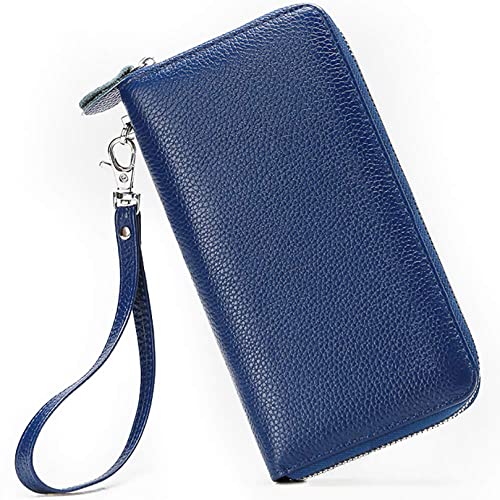 Moflycom Womens Wallet RFID Blocking Genuine Leather Zip Around Wallet Clutch Wristlet Travel Long Purse for Women Blue