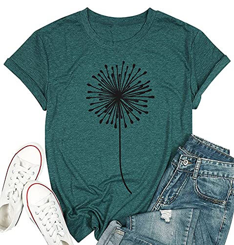 Bealatt Dandelion Shirts for Women Make a Wish Vintage Tees Graphic Short Sleeves Tees Blouses for Women Funny Summer T Shirts Round Neck Graphic Tees Tops (Green, L)