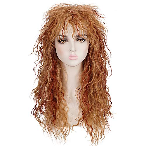 morvally Womens 80s Style Long Curly Blonde Reddish Brown Hightlights Heat Resistant Hair Wig for Halloween, Cosplay
