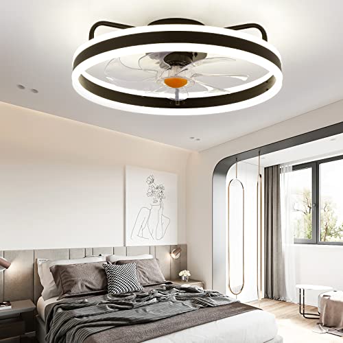 Asyko Ceiling Fans with Lights - Modern Flush Mount Low Profile Indoor Ceiling Fans with Remote Control, 20' Enclosed Bladeless Ceiling Lighting Fixture, Black…