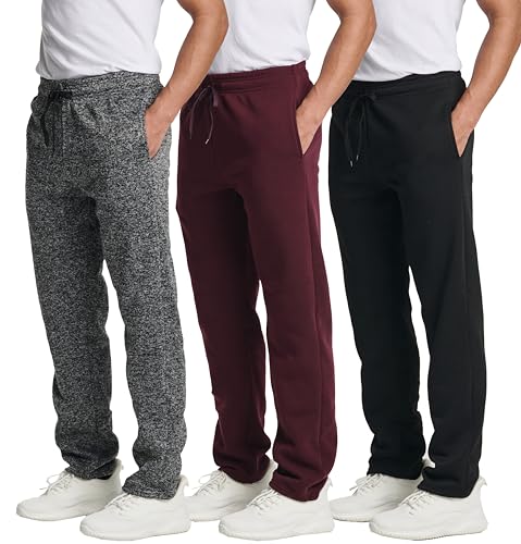 3 Pack Men's Open Bottom Tech Fleece Active Sports Athletic Training Soccer Track Gym Running Casual French Terry Quick Dry Fit Sweatpants Pockets Bottom Lounge Pants Heavy Warm - Set 6, M
