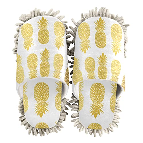 Kigai Microfiber Cleaning Slippers Gold White Pineapples Washable Mop Shoes Slipper for Men/Women House Floor Dust Cleaner, Size L