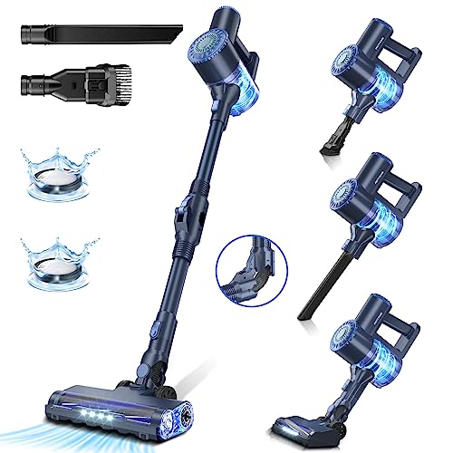PRETTYCARE Cordless Vacuum Cleaner, 6 in 1 Lightweight Stick Vacuum Self-Standing with Powerful Suction, 180° Bendable Wand Rechargeable Cordless Vacuum for Hardwood Floor Pet Hair (Blue)