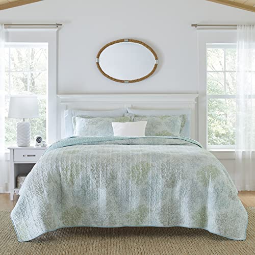 Laura Ashley Saltwater Collection Quilt Set-100% Cotton, Reversible, All Season Bedding with Matching Shams, Pre-Washed for Added Softness, Queen, Blue, 3 Count
