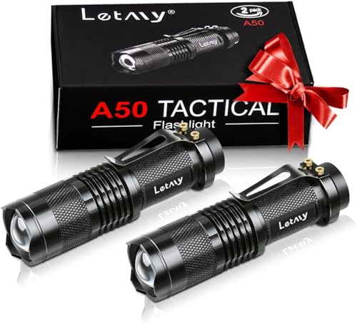 LETMY Tactical Flashlight, Super Bright LED Mini Flashlights with Belt Clip, Zoomable, 3 Modes, Waterproof - Best EDC Flashlight for Gift, Hiking, Camping, Hurricane & Power Outage (2 Pack)