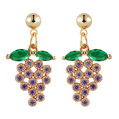 Aloecye Cute Fruit Basket Stud Earrings Set 14K Gold Plated Sweet Tropical Fruit Cherry Pineapple Apple CZ Crystal Earring Gift for Women Girls (Grape Soda Earrings)