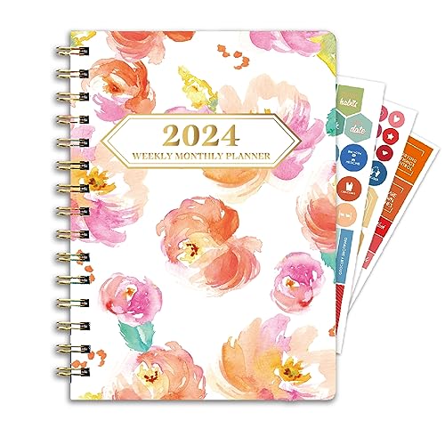 Ymumuda 2024 Planner, 12-Month Weekly Monthly Planner from JAN.2024 to DEC.2024, 8.4' X 6', Spiral Planner Notebook with Stickers, Elastic Closure, Inner Pocket, Sticky Index Tabs, Floral 07