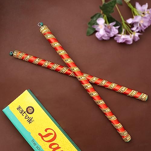 GENIELAND 15 Inch 4 Pc (2 Pair) Long Decorated Dandiya Sticks Indian Traditional Wooden Diamond Pattern Dandia Sticks for Couple Special Navratri Festival Occasion Sticks (Set of 2 Pair)