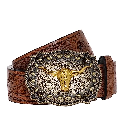 SUMERSHA Western Cowboy Belt for Men Women Leather Buckle Belt Longhorn Bull Pattern Floral Engraved Buckle Belt Costume Belt, Brown