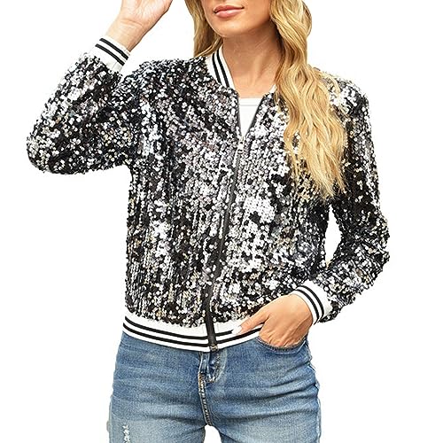 cooki Sequin Jackets for Women Sparkle Baseball Bomber Jacket Coat Long Sleeve Glitter Shiny Baseball Jackets Sparkle Jacket for Women Glitter Bomber Jacket Women