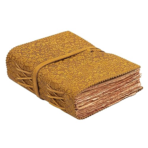 LEATHER VILLAGE Leather Bound Floral Embossed Journal for Women Men - 200 Pages, 6”X4”(A6), Suntan - Book of Shadows, Vintage Blank Paper Travel Diary, Notebook for Writing, Drawing, Sketchbook