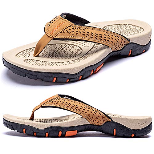 KIIU Mens Flip Flop Indoor and Outdoor Thong Sandals Beach Slippers Khaki, 11