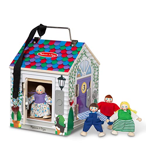 Melissa & Doug Take-Along Wooden Doorbell Dollhouse - Doorbell Sounds, Keys, 4 Poseable Dolls - Portable, Doorbell House For Kids Ages 3+