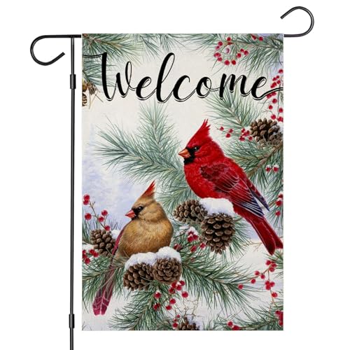 EKOREST Welcome Winter Garden Flags for Outside Decoration, Cardinal Pine Twigs Berry Small Yard Flag, Seasonal Farmhouse Christams Xmas Holiday Outdoor Decor 12x18 Inch Vertical Double Sided