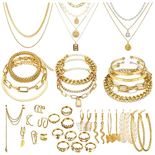 CONGYING 34 PCS Gold Color Jewelry Set with 3 Necklace, 10 Bracelet, 12PCS Ear Cuffs Earring, 9 Pcs Knuckle Rings For Women Girls Valentine Anniversary