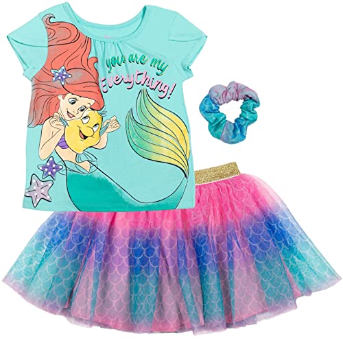 Disney Princess Ariel Toddler Girls Graphic T-Shirt Mesh Skirt and Scrunchie 3 Piece Outfit Set 4T