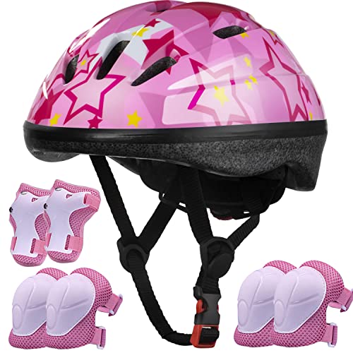Kids Helmet Adjustable for Kids Ages 3-8 Years Old Boys Girls, Toddler Bike Helmet with Protective Sports Gear Set Knee Elbow Pads Wrist Guards for Cycling Roller Skating Skateboard-(Pink Star)
