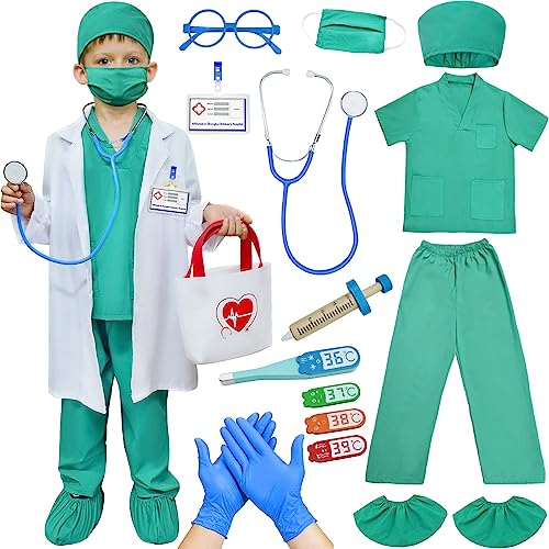 FUNCREVITY Doctor Costume For Kids Doctor Kit Surgeon Nurse Costume Halloween Party Dress Up With Doctor Coat Gifts For Boys Girls (Green, X-Large / 8-10 Year)