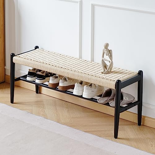 XINNAN Solid Wood Entryway Bench with Shoe Storage, Rustic Oak Wood and Woven Design 45 Inch Long Seating for Living and Dining Rooms,Black