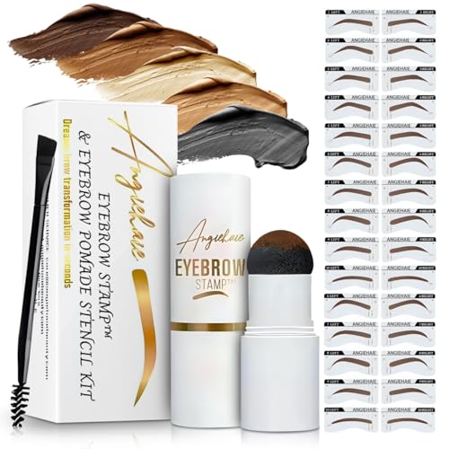 Eyebrow Stamp Stencil Kit (Dark Brown), Eyebrow Stamp Pomade with 24 Reusable Thin & Thick Brow Stencils, Eyebrow Stencils Shaping Kit Definer Natural Look