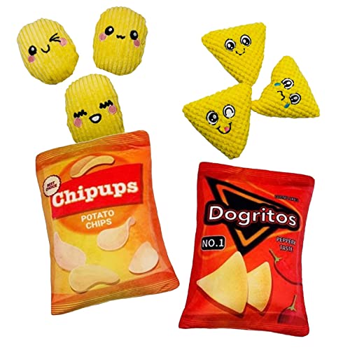 Artemis Adventure Supplies Chips Dog Toys- 8 pc Hide and Seek Crinkle Treat Pouch Squeak Enrichment Interactive Puzzle