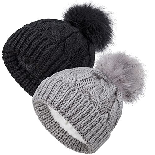 2 Pack Toddler Kids Winter Warm Fleece Lined Beanie Hats for Boys and Girls Crochet Hairball Knit Cap (1-6 Years)