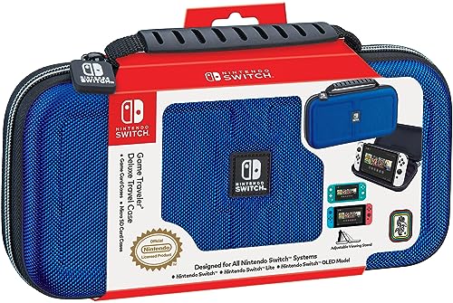Game Traveler Nintendo Switch Deluxe OLED Case - Also for Switch & Switch Lite, Blue Ballistic Nylon, Viewing Stand & Bonus Game Cases, Deluxe Handle, Licensed by Nintendo, #1 Selling Case in USA