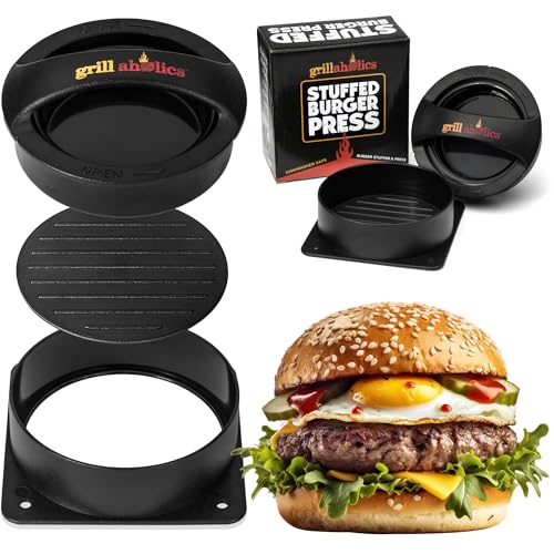 Grillaholics Stuffed Burger Press and Recipe eBook - Extended Warranty - Hamburger Patty Maker for Grilling - BBQ Grill Accessories