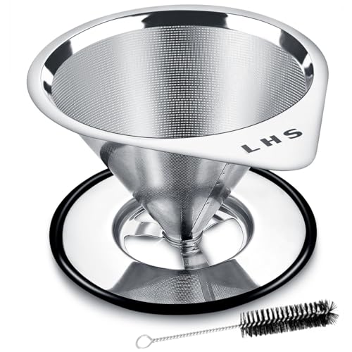 LHS Pour Over Coffee Dripper Stainless Steel Coffee Filter Metal Cone Filter Paperless Reusable Coffee Filter Single Cup Coffee Maker 1-2 Cup With Non-slip Cup Stand and Cleaning Brush
