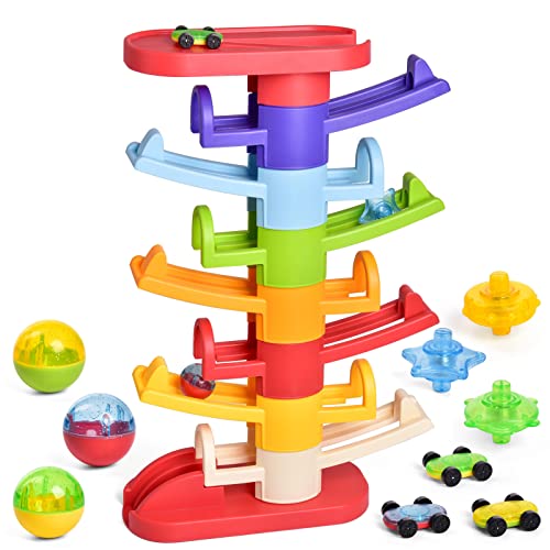 FUN LITTLE TOYS Ball Drop Toys for Toddler 1-3, 9 Layer Car Ramp Toy Set with 3 Mini Cars 3 Spiral Swirl Ball and 3 Spinning Activity Balls, Drop and Go Ball Drop Toy for Toddlers