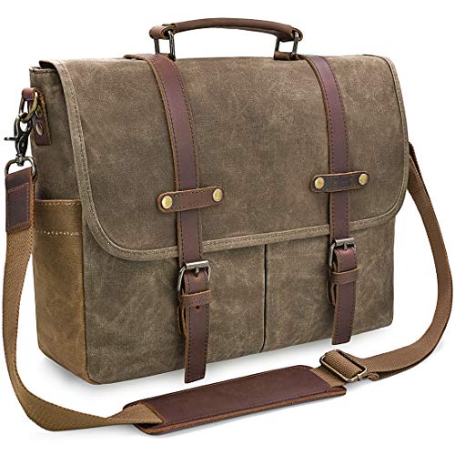 Mens Messenger Bag 15.6 Inch Waterproof Vintage Genuine Leather Waxed Canvas Briefcase Large Satchel Shoulder Bag Rugged Leather Computer Laptop Bag, Khaki