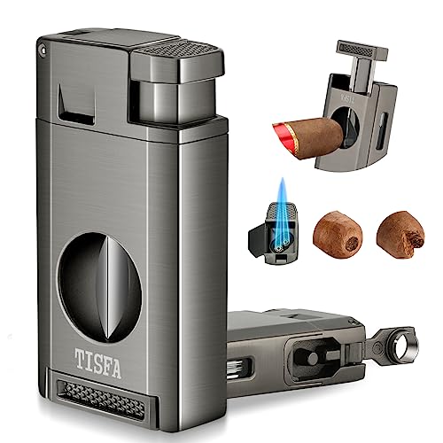 TISFA Torch Lighter with Cigar Cutter V Cut, Cigar Punch, Double Jet Flame Cigar Lighter Refillable Butane Lighter, Multifunctional Cigar Accessories, Windproof Cool Lighters for Smoking with Gift Box