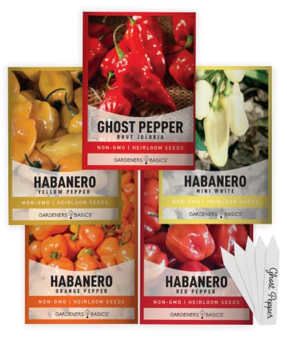 Gardeners Basics, Hot Pepper Seeds for Planting Ghost Habanero - 5 Varieties Pack Ghost Pepper Seeds, Red, Orange, Yellow, White Habanero Seeds for Planting in Garden Non GMO, Heirloom Peppers Seeds