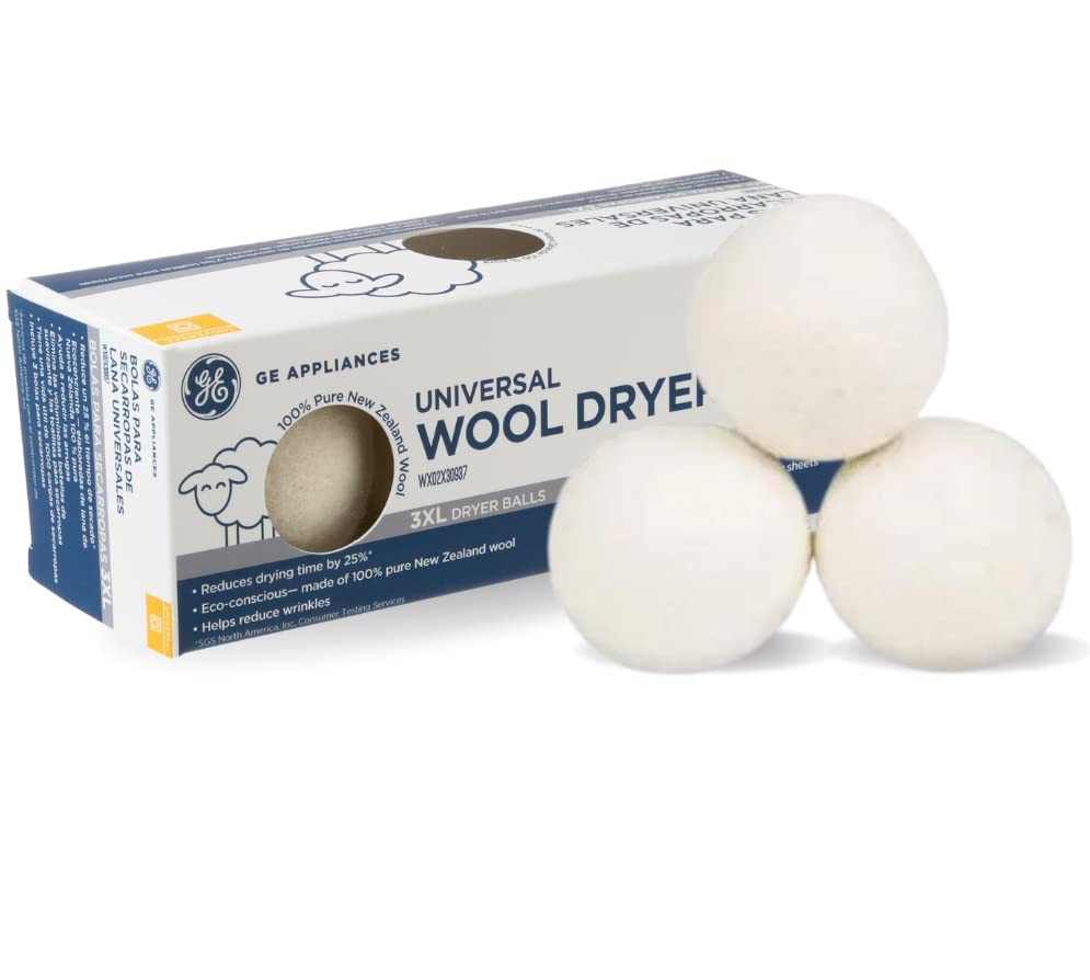 GE Appliances Wool Dryer Balls, XL 3 inch Reusable Natural Fabric Softener Made of 100% Pure New Zealand Wool, Set of 3