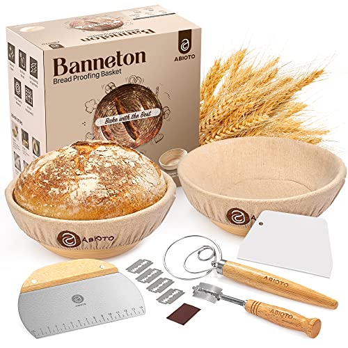 Sourdough Bread Proofing Baskets and Baking Supplies, A Complete Bread Making Kit Including Two 9' Round Bannetons, Bread Lame, Danish Whisk, Bowl & Dough Scrapers, and Linen Liners