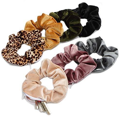 Jaolex 7 Packs Velvet Hair Scrunchies with Hidden Zipper Pocket Hair Ties Elastics Bobbles Hair Bands Scrunchy