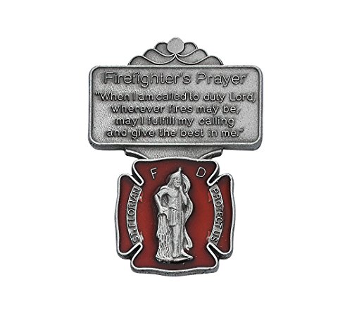 Silver Tone and Red Enamel Saint Florian Visor Clip with Firefighter’s Prayer