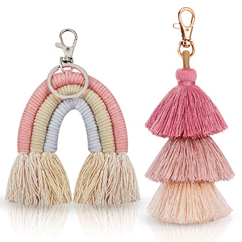 Hicarer 2 Pieces Boho Rainbow Keychains Pom Pom Tassel Macrame Keychains for Women Girls (Fresh Color)