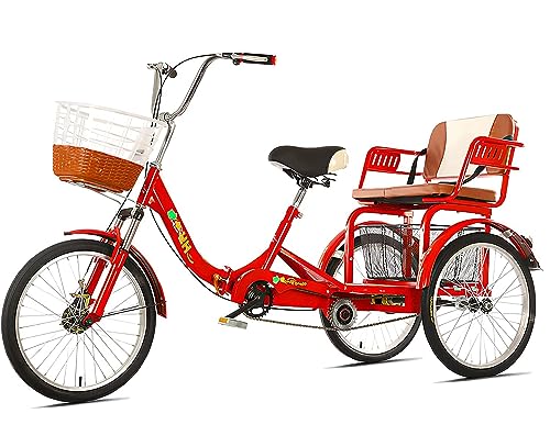 MENGYY Adult Tricycle Folding for Seniors Comfortable seat 3 Wheel Bicycle with Shopping Basket Double Chain 20 Inch Shock Absorber Front Fork Parents and Children Maximum Load 200kg (red) 27*27*17