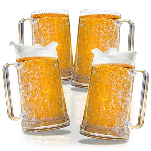 Beer Mugs with Gel Freezer 16 oz, Clear Double Walled Beer Mugs with Handles Set Of 4